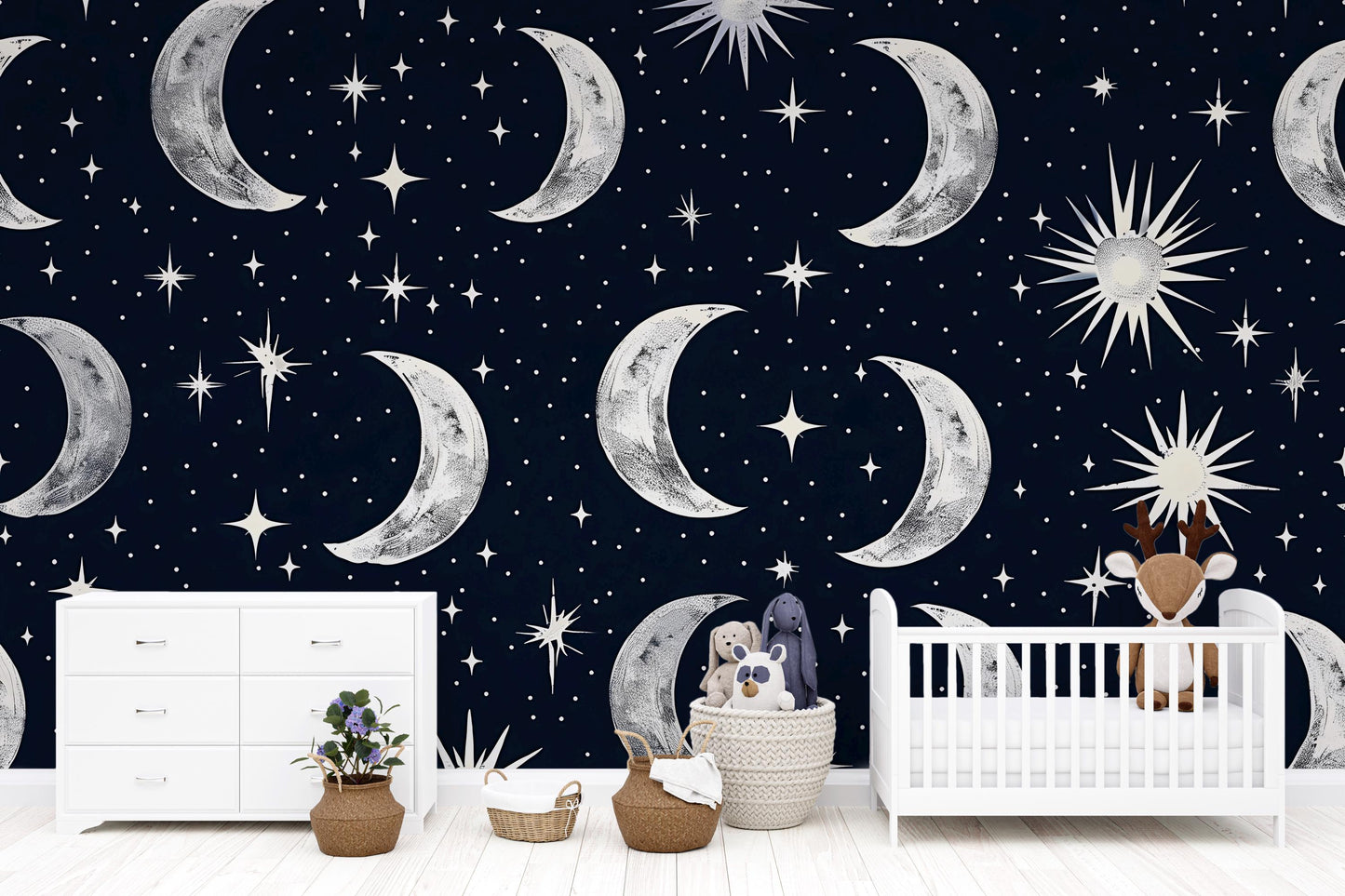 Crescent Moon Wallpaper – Starry Night Sky Wall Mural for Bedroom or Nursery Decor Vn1014