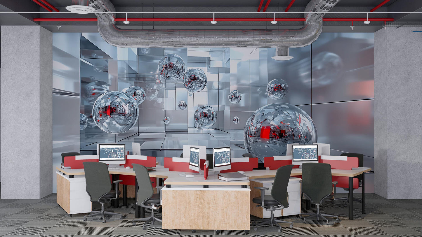 Modern Office Wall Art Mural | Futuristic 3D Abstract Tech Decor | Digital Workspace Aesthetic Vn569