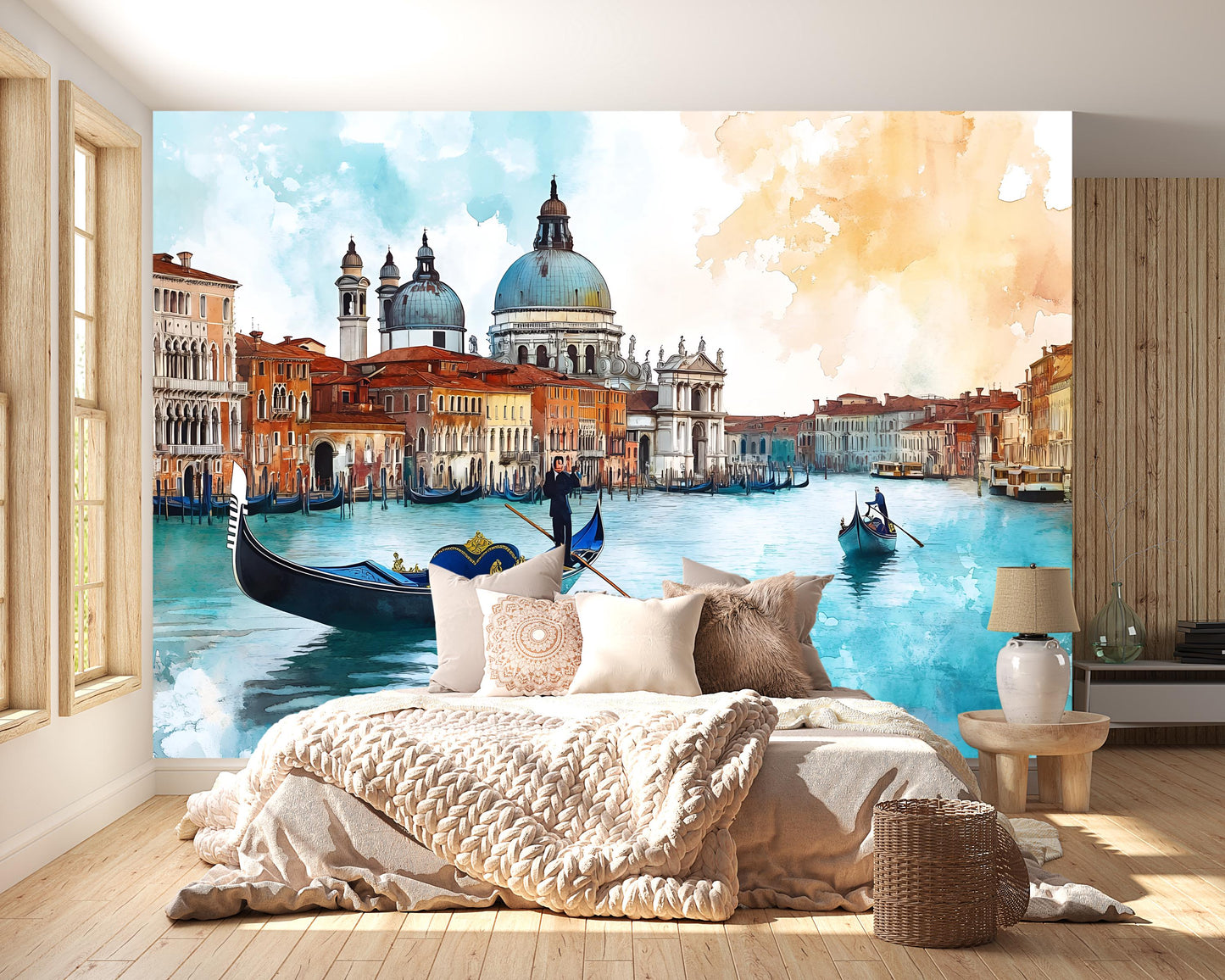 Venice Gondola Basilica Wall Mural – Watercolor Italy Grand Canal Wallpaper for Living Room & Bedroom Vn921
