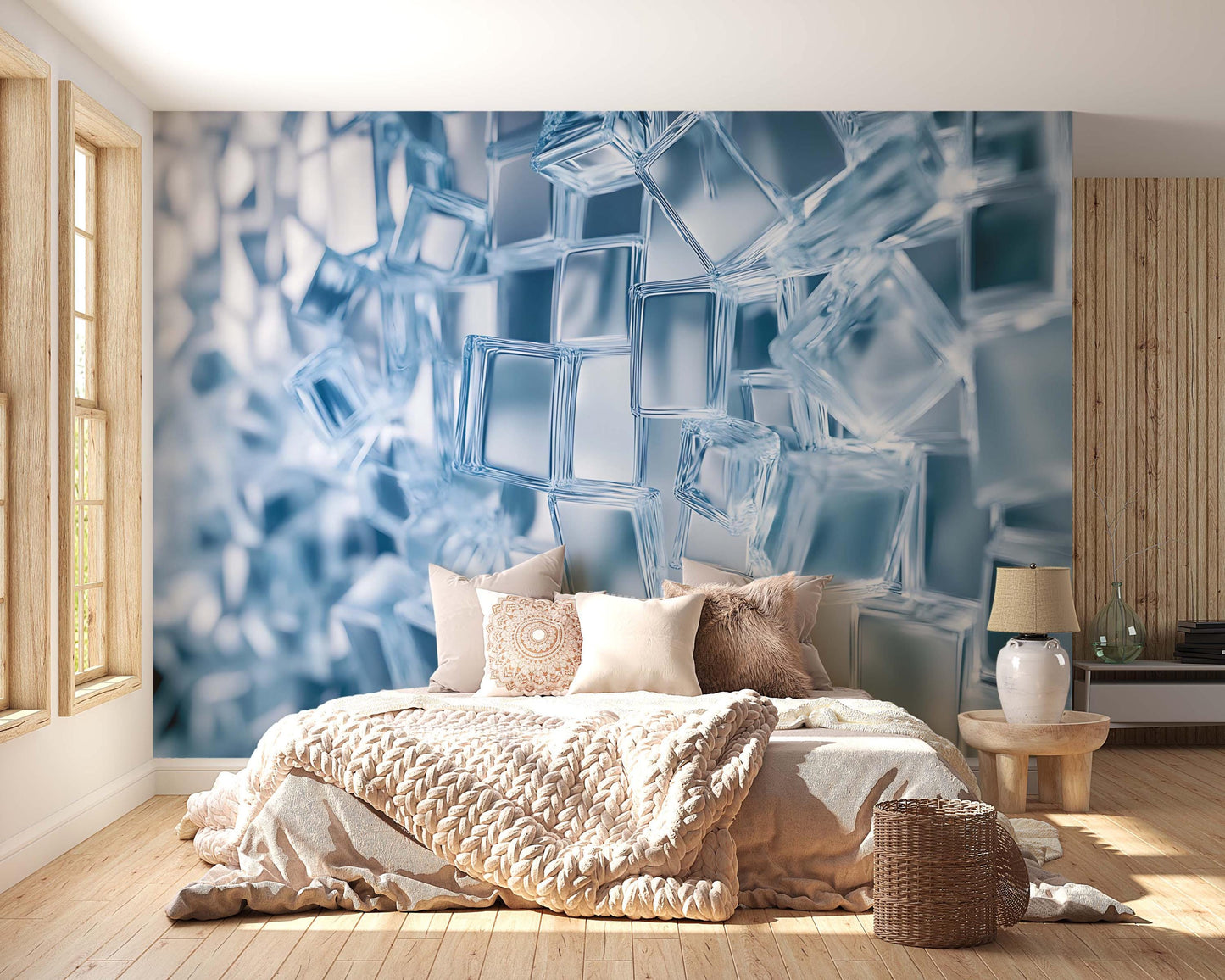 Modern Ice Cube Wall Mural | 3D Abstract Blue Geometric Wallpaper | Large-Scale Bedroom Accent Wall Decor Vn746