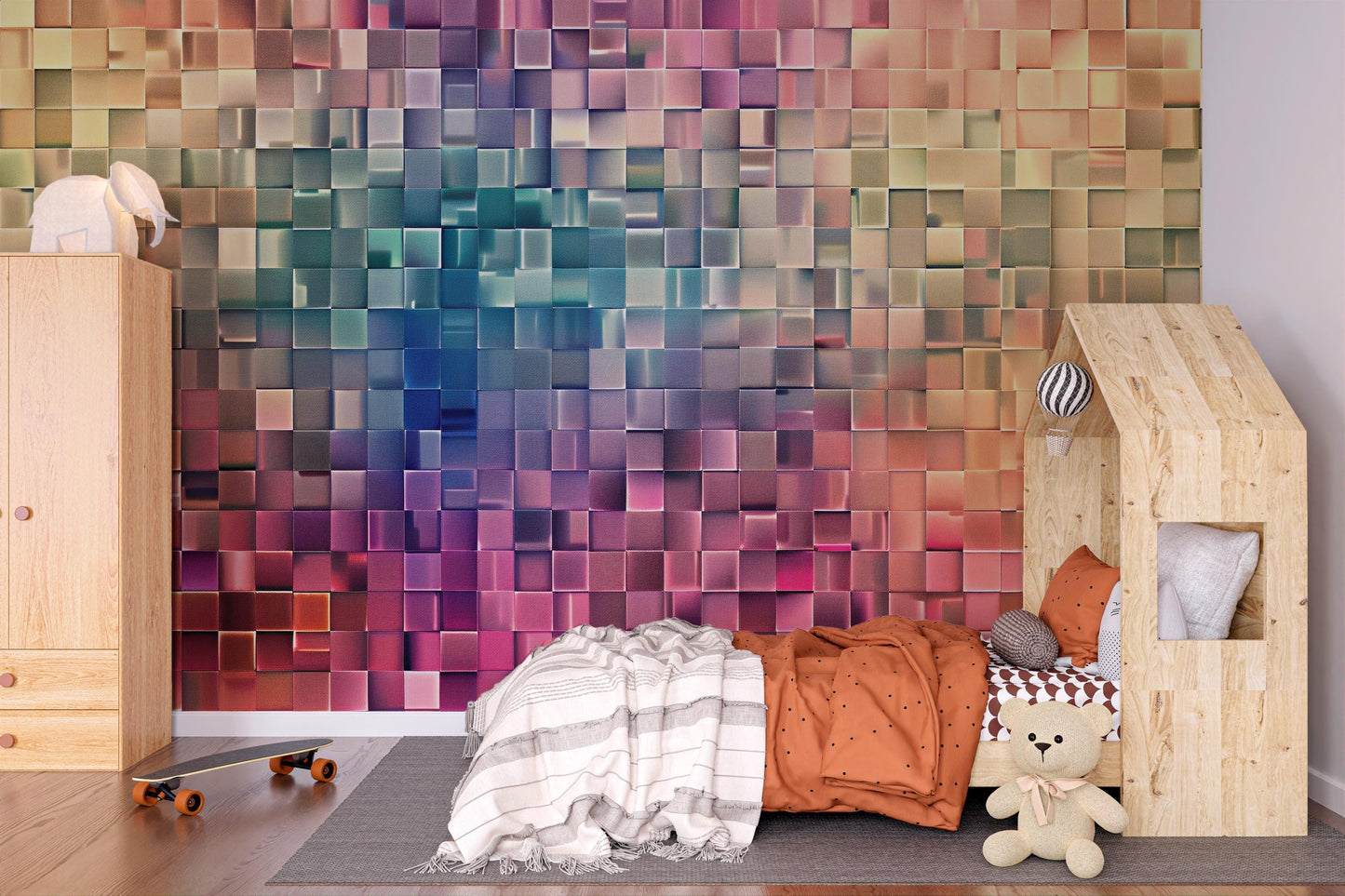 3D Pixel Wall Mural – Colorful Geometric Block Wallpaper for Kids Bedroom, Playroom & Creative Spaces Vn1085