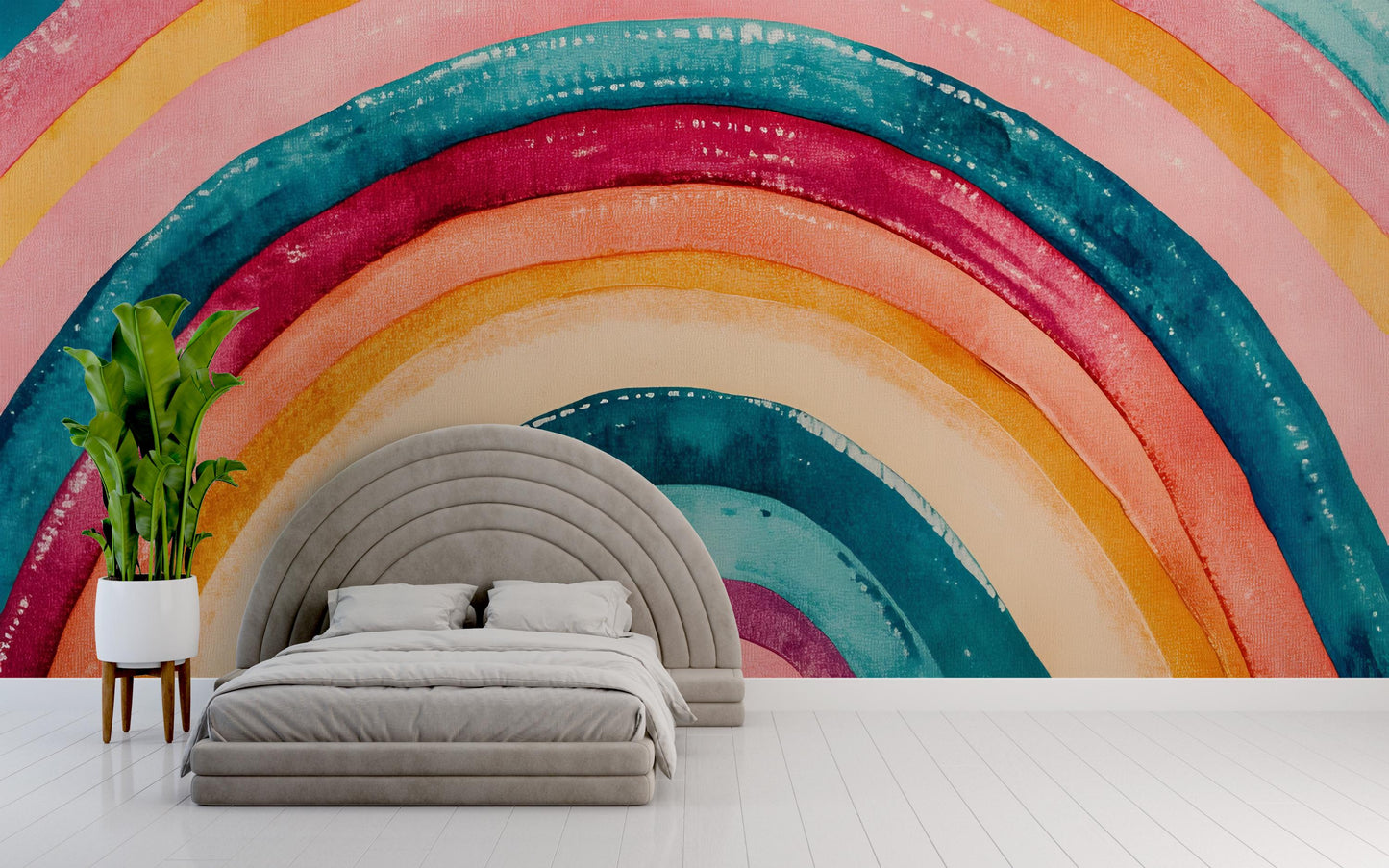 Colorful Watercolor Rainbow Wall Mural – Modern Geometric Bedroom Accent – Peel and Stick or Traditional Wallpaper Vn397