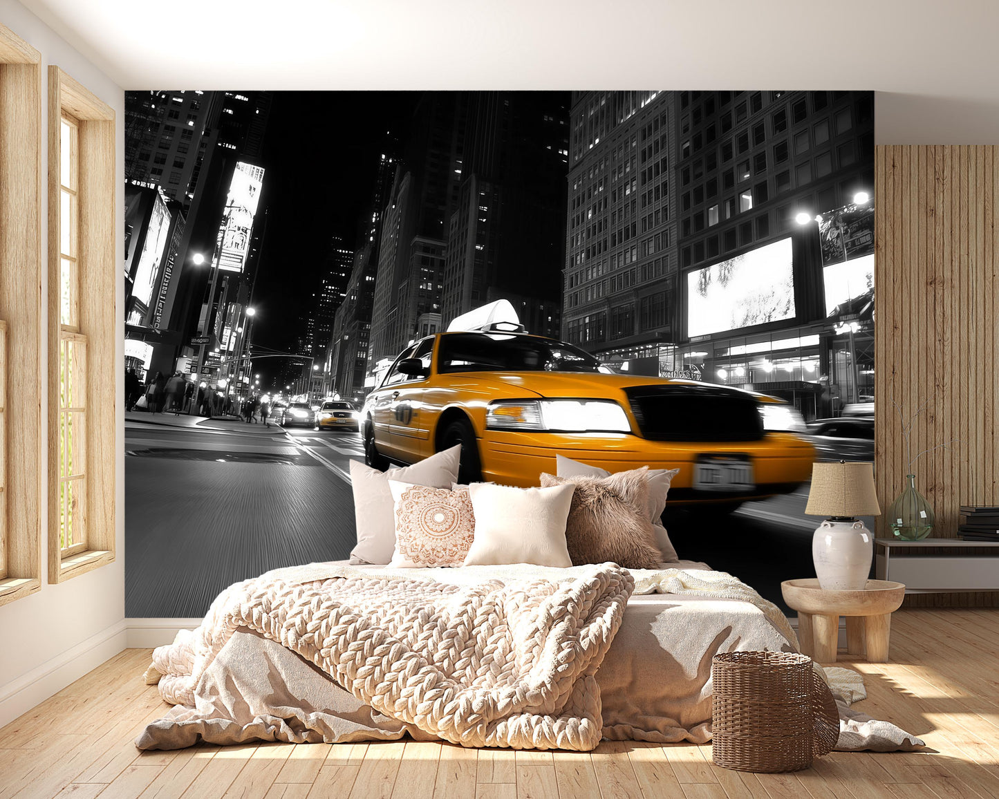 NYC Taxi Wall Mural – Yellow Cab Black White City Wallpaper Vn905