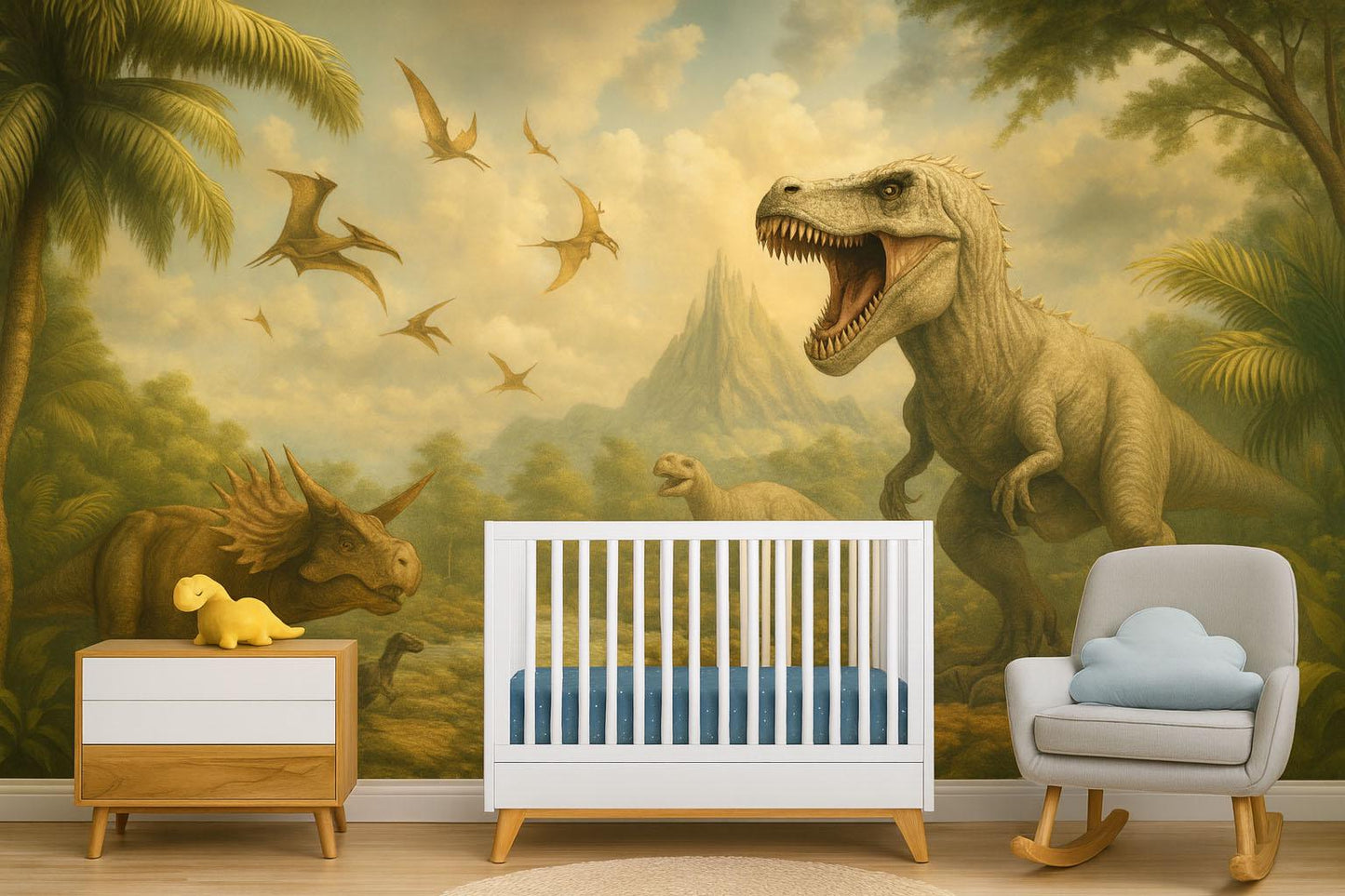 Dinosaur Nursery Wall Mural – T Rex Jungle Wallpaper for Kids Room Vn897