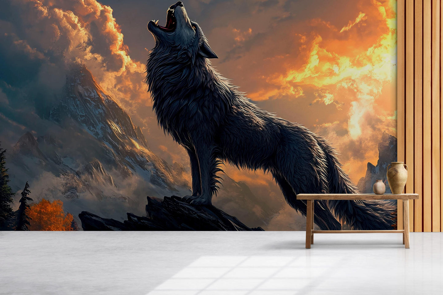Howling Wolf Wall Mural - Mountain Sunset Forest Animal Art, Wilderness Nature Wallpaper for Living Room, Rustic Home Decor Vn599