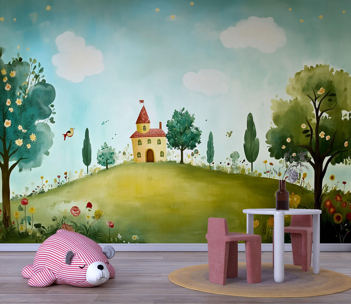 Whimsical Kids Wall Mural – Fantasy Forest and Castle Scene, Nursery Wallpaper, Playroom Wall Art Decor Vn619