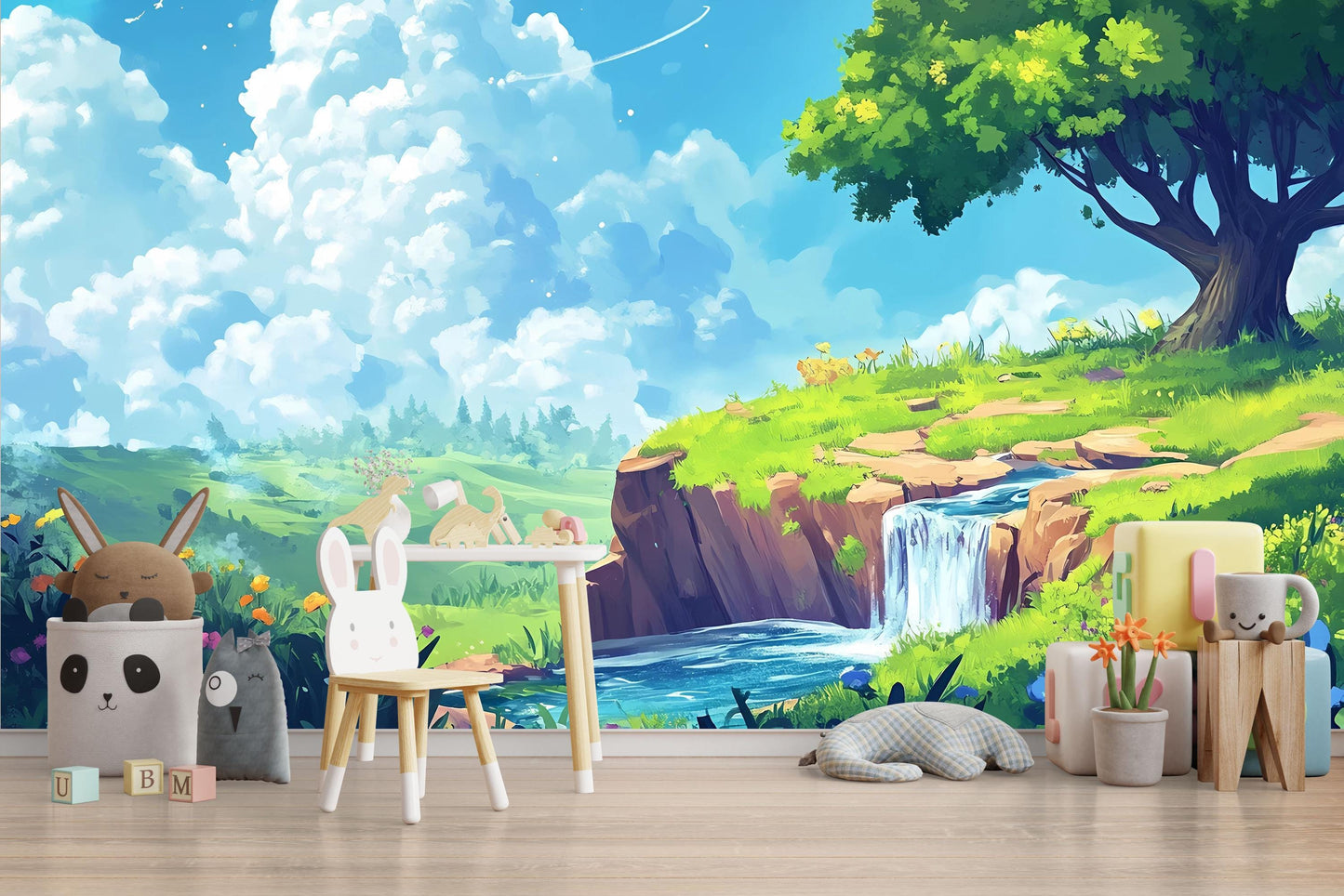 Whimsical Nature Nursery Wall Mural – Forest Tree Landscape Wallpaper – Baby Room Wall Decor – Crib Backdrop Vn704