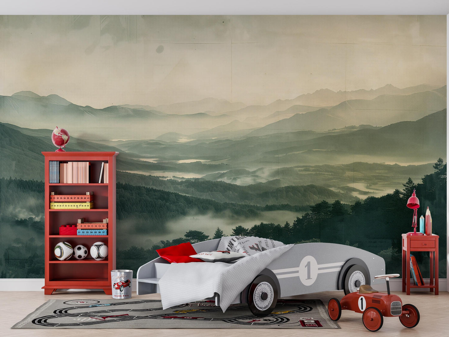 Misty Mountain Wall Mural – Nature Landscape Wallpaper for Kids Room or Living Space Vn1055