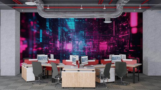 Futuristic Office Wall Mural – Cyberpunk Cityscape Digital Art Wallpaper Vn198