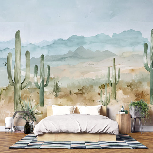 Desert Cactus Wall Mural – Southwestern Mountains Boho Wallpaper Vn1006