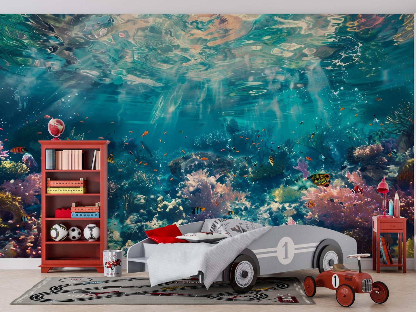 Underwater Ocean Wall Mural – Coral Reef & Fish Wallpaper, Kids Room Sea Life Accent Wall Decor for Bedroom or Playroom Vn1065