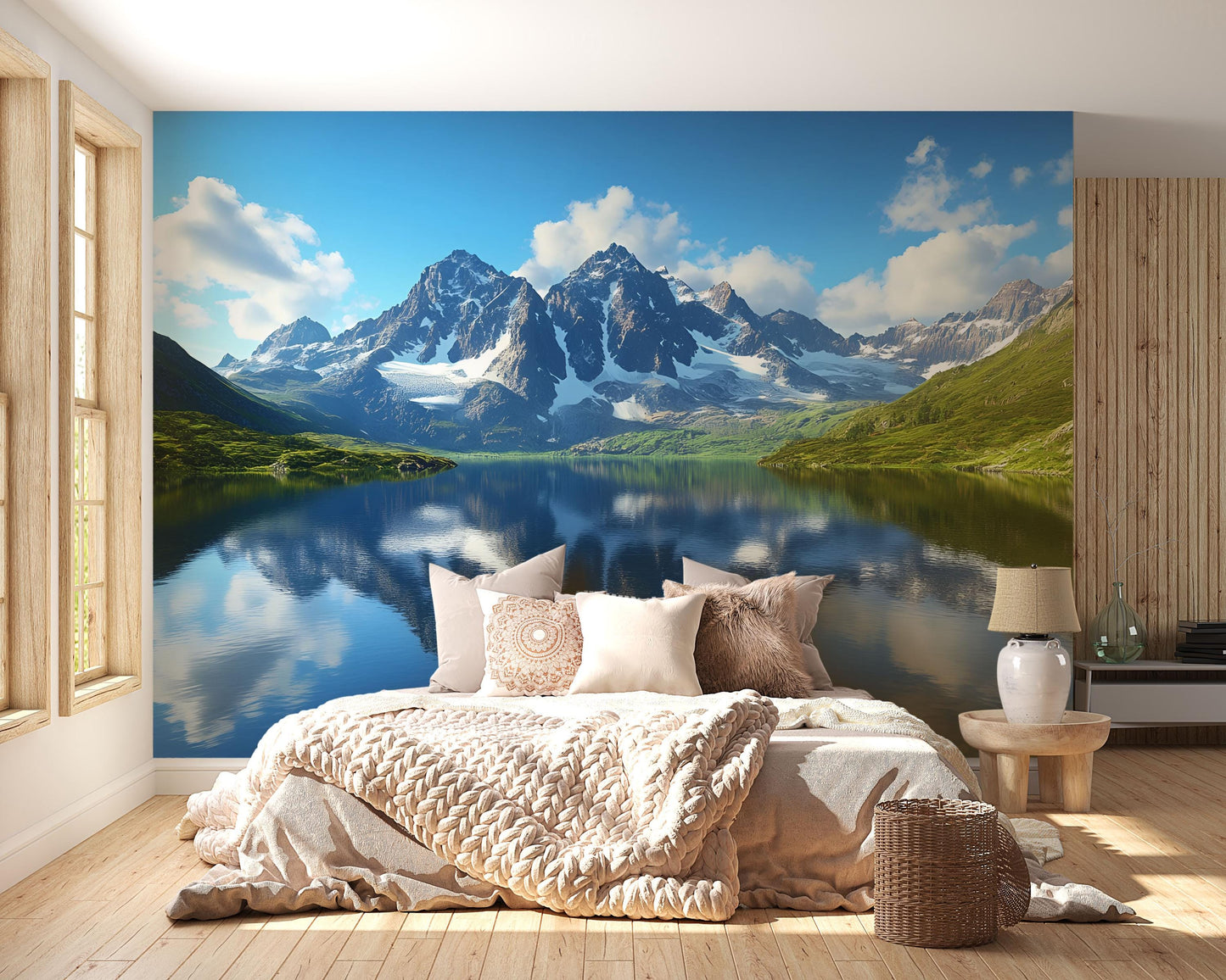 Mountain Lake Wall Mural – Scenic Nature Wallpaper for Bedroom Decor Vn699