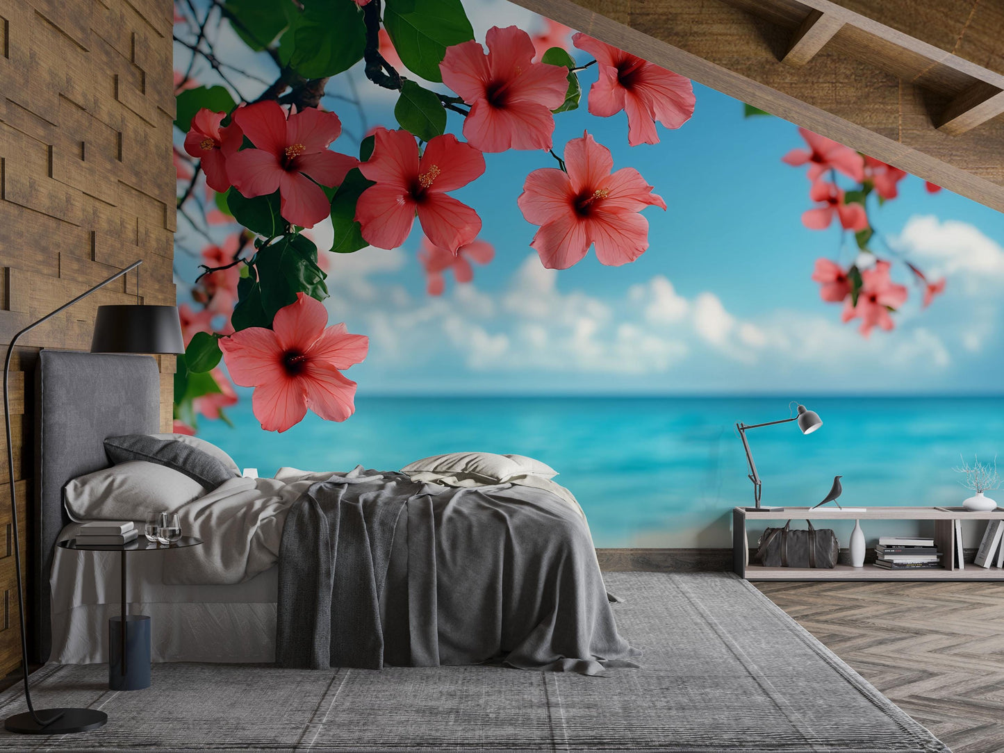 Tropical Hibiscus Flower Wall Mural – Ocean View Bedroom Wallpaper – Large Botanical Floral Peel and Stick Wall Art Vn648