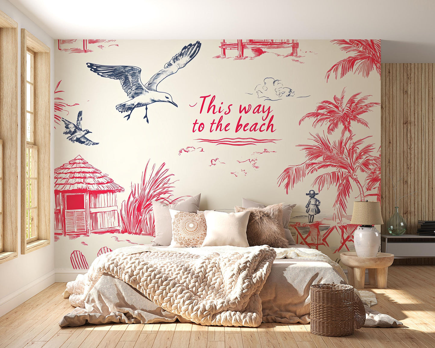 Beach Wall Mural | Coastal Bedroom Wallpaper | Tropical Palm Tree & Seagull Art | This Way to the Beach Ocean Wall Decor Vn718