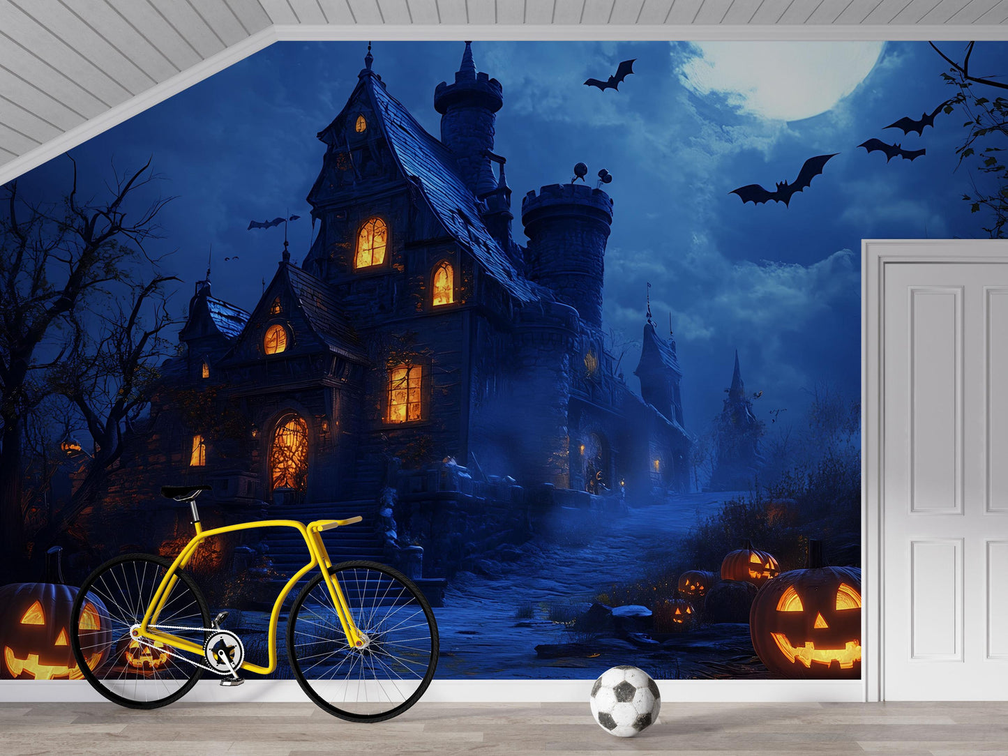 Haunted Castle & Pumpkin Patch Halloween Wall Mural – Spooky Gothic Home Décor Vn798