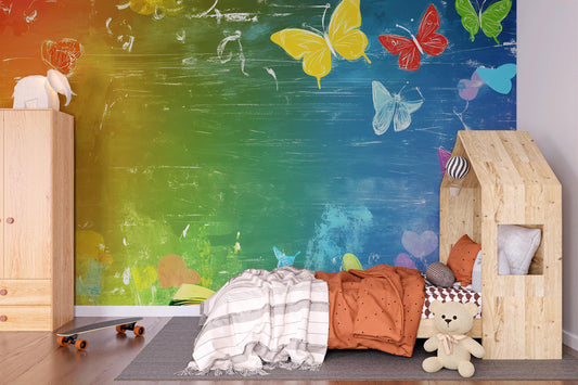 Colorful Rainbow Butterfly Wall Mural for Kids Room – Playroom Decor – Bright Watercolor Art – Nursery Wallpaper – Digital Download Vn415