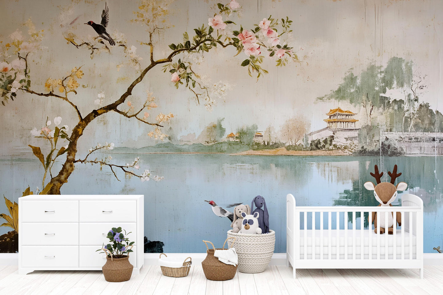 Oriental Landscape Wall Mural – Cherry Blossom Lake Wallpaper, Serene Asian Accent Wall for Nursery or Bedroom Vn859
