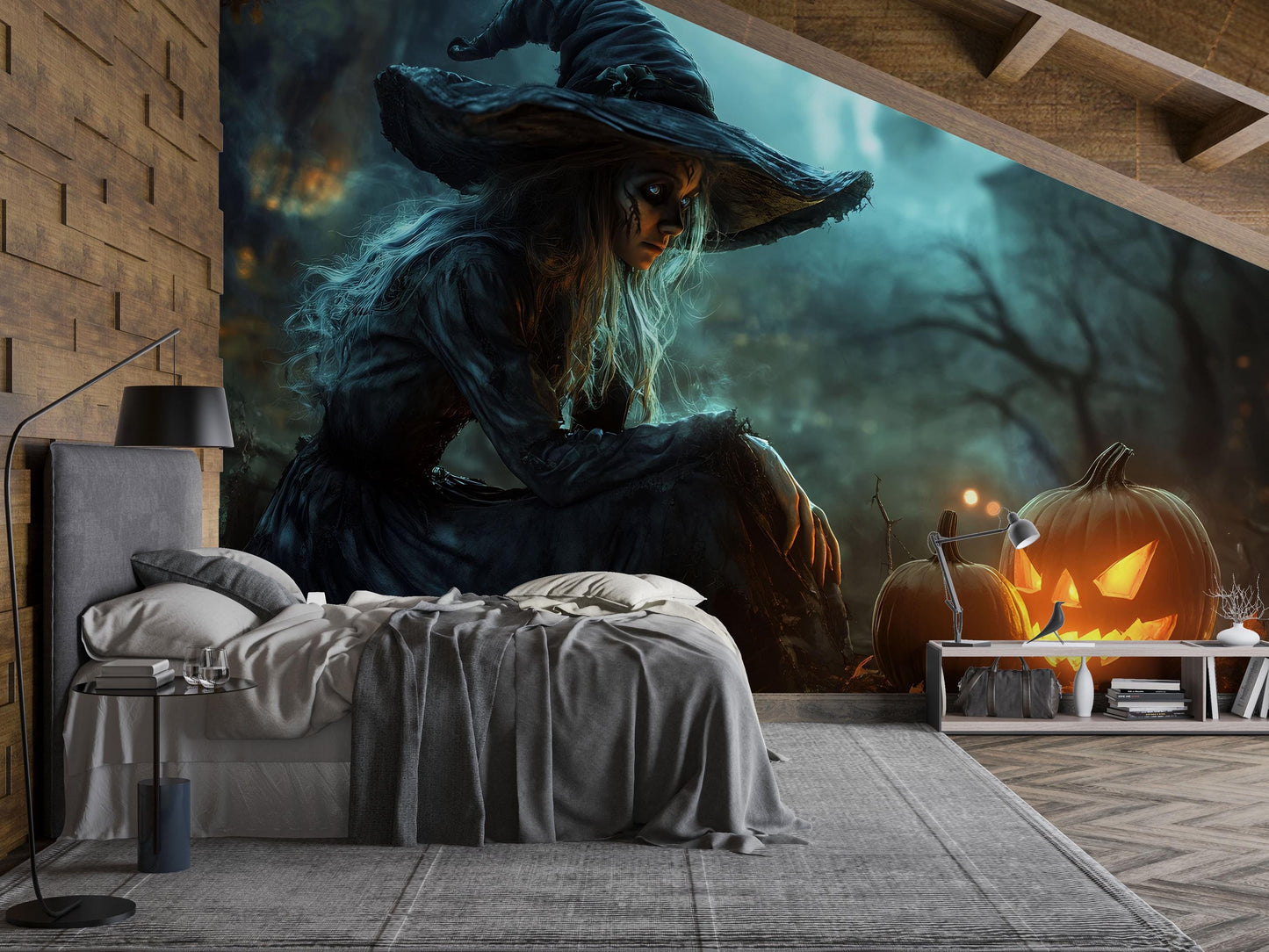 Haunted Witch & Pumpkin Wall Mural – Spooky Halloween Gothic Wallpaper for Home or Store  Vn793