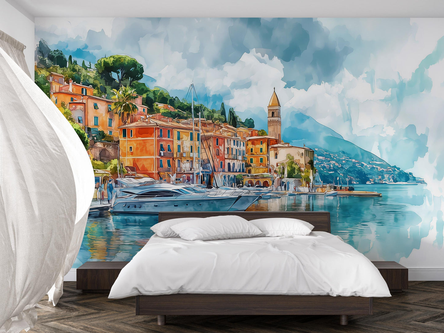 Italian Riviera Wall Mural – Watercolor Mediterranean Coast Wallpaper Vn926
