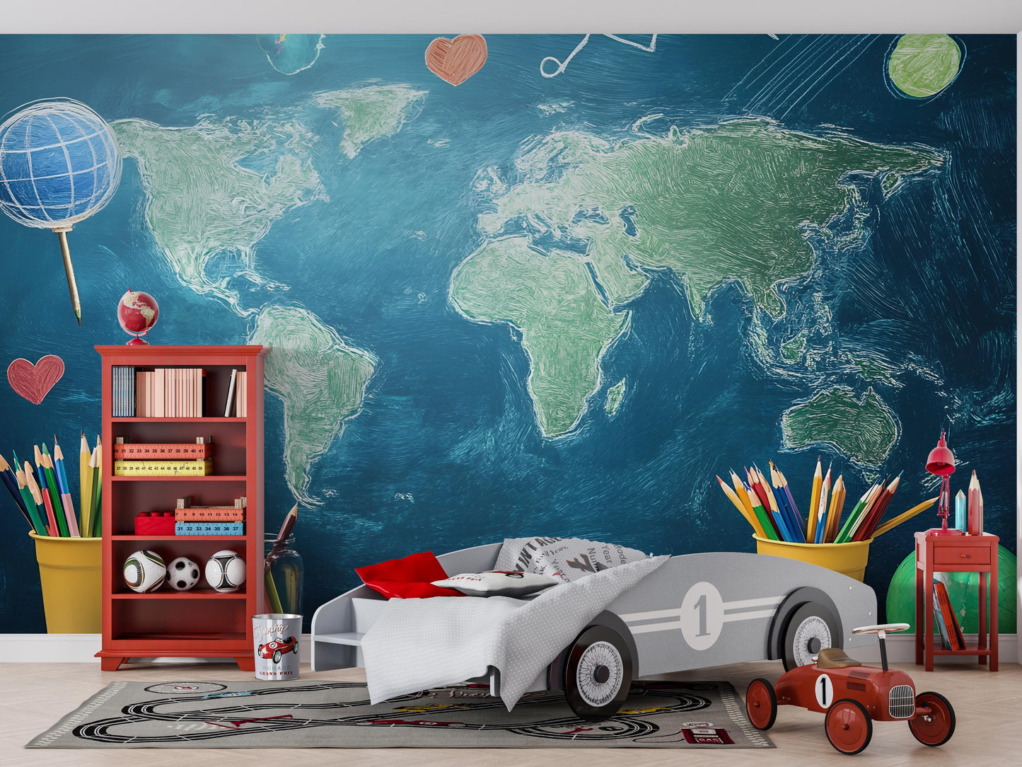 World Map Kids Wall Mural | Educational Travel Theme Nursery Decor | Wooden House Bed Toddler Room | Cozy Earthy Child Bedroom Design Vn416