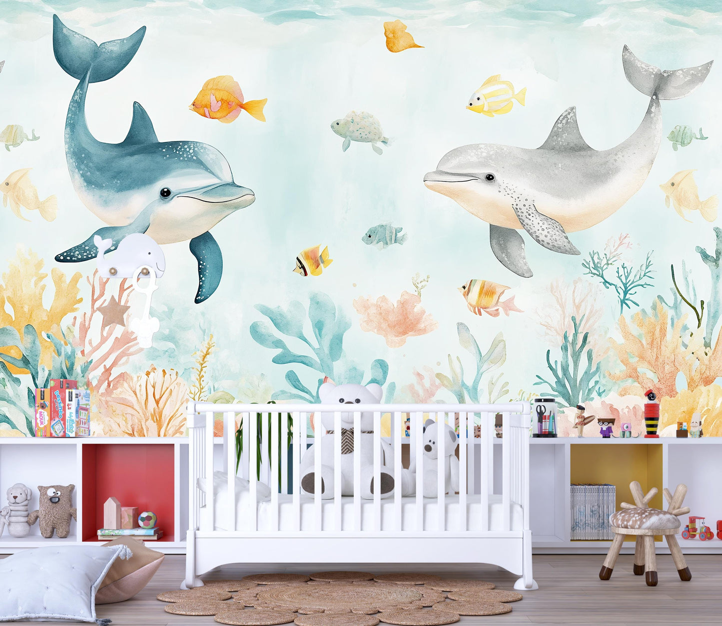 Dolphin Wall Mural – Ocean Nursery Wallpaper with Coral Reef & Colorful Fish Vn989