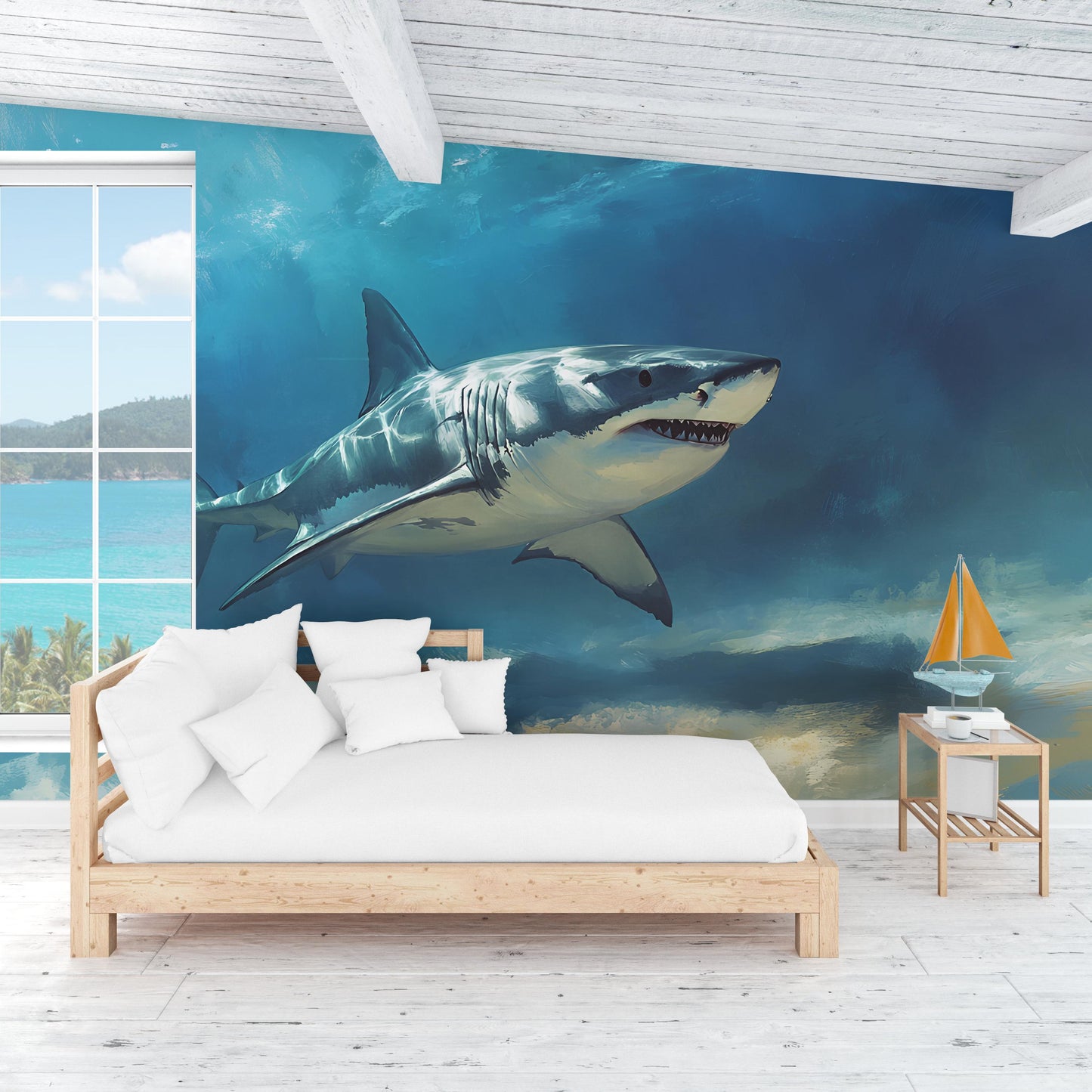 Shark Wall Mural for Bedroom – Ocean Underwater Theme – Great White Shark Art Wallpaper – Cool Boys Room Decor – Large Sea Life Mural Vn387
