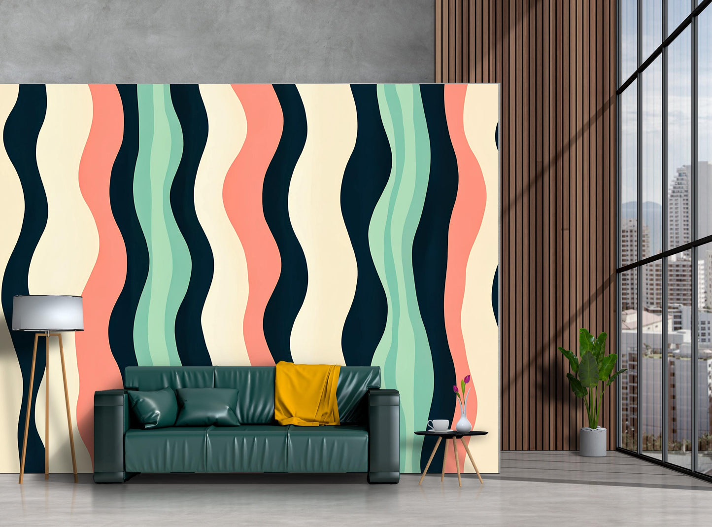 Retro Wavy Stripes Wallpaper – Mid Century Modern Wall Mural Vn1021