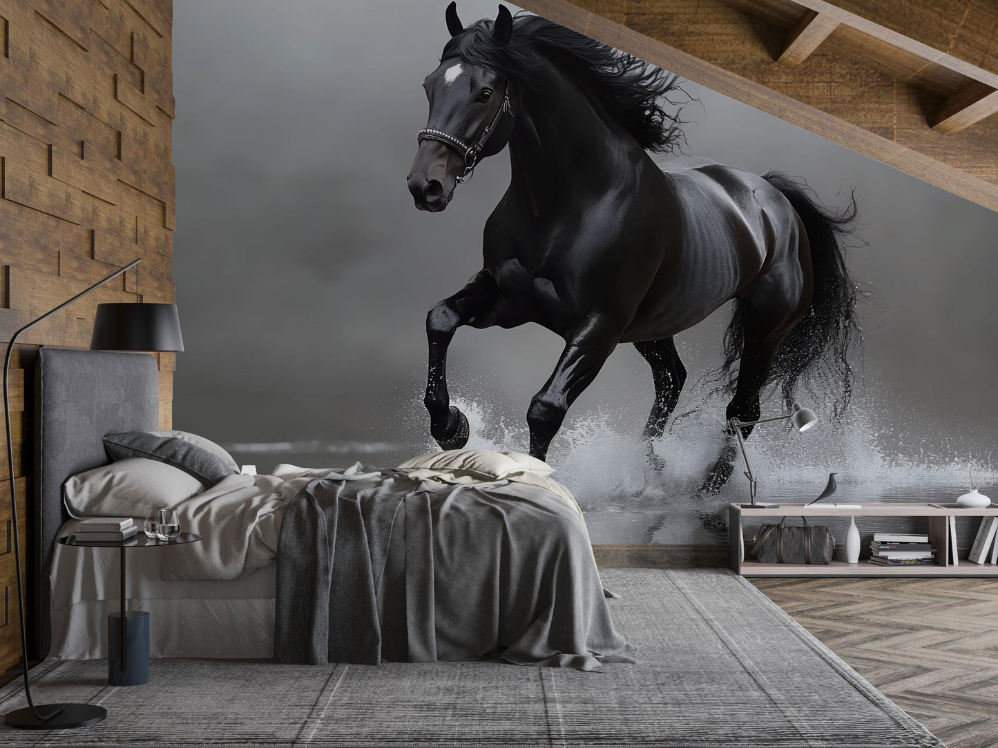 Black Stallion Wall Mural – Majestic Running Horse Wallpaper for Bedroom or Living Room Vn783
