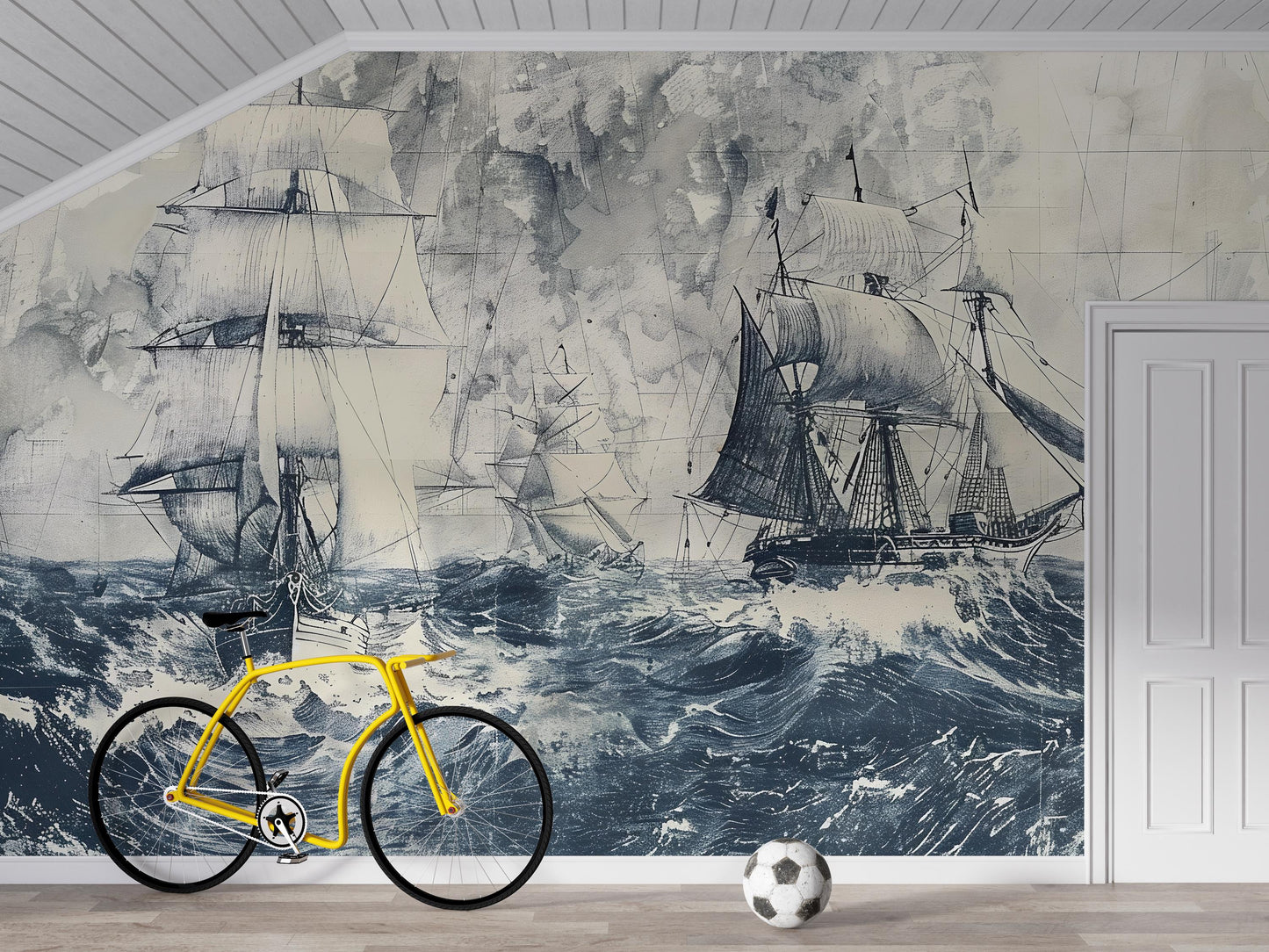 Vintage Ship Wall Mural | Nautical Ocean Waves Wallpaper Vn1044