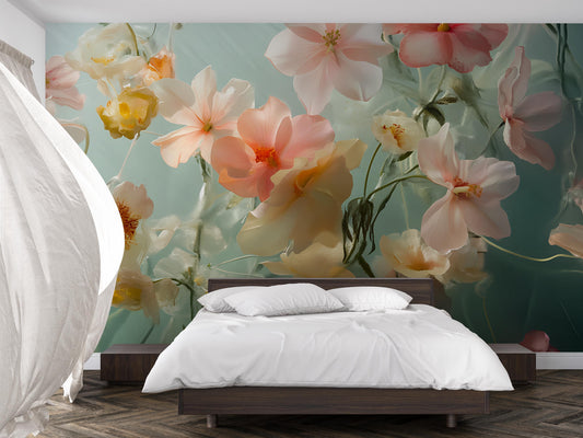 Pastel Floral Wall Mural – Oversized Watercolor Flowers for Bedroom Accent Wall Decor Vn566
