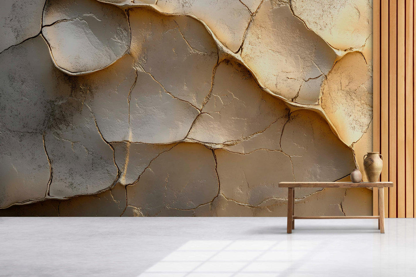 3D Cracked Earth Wall Mural | Textured Desert Dried Mud Wallpaper | Modern Neutral Gold Beige Accent Wall Decor Vn744