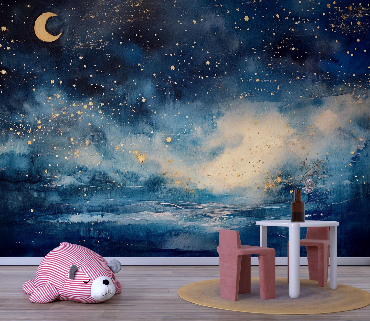 Night Sky Wall Mural – Moon and Stars Nursery Wallpaper, Dreamy Galaxy Accent Wall for Kids Room or Baby Nursery Vn854