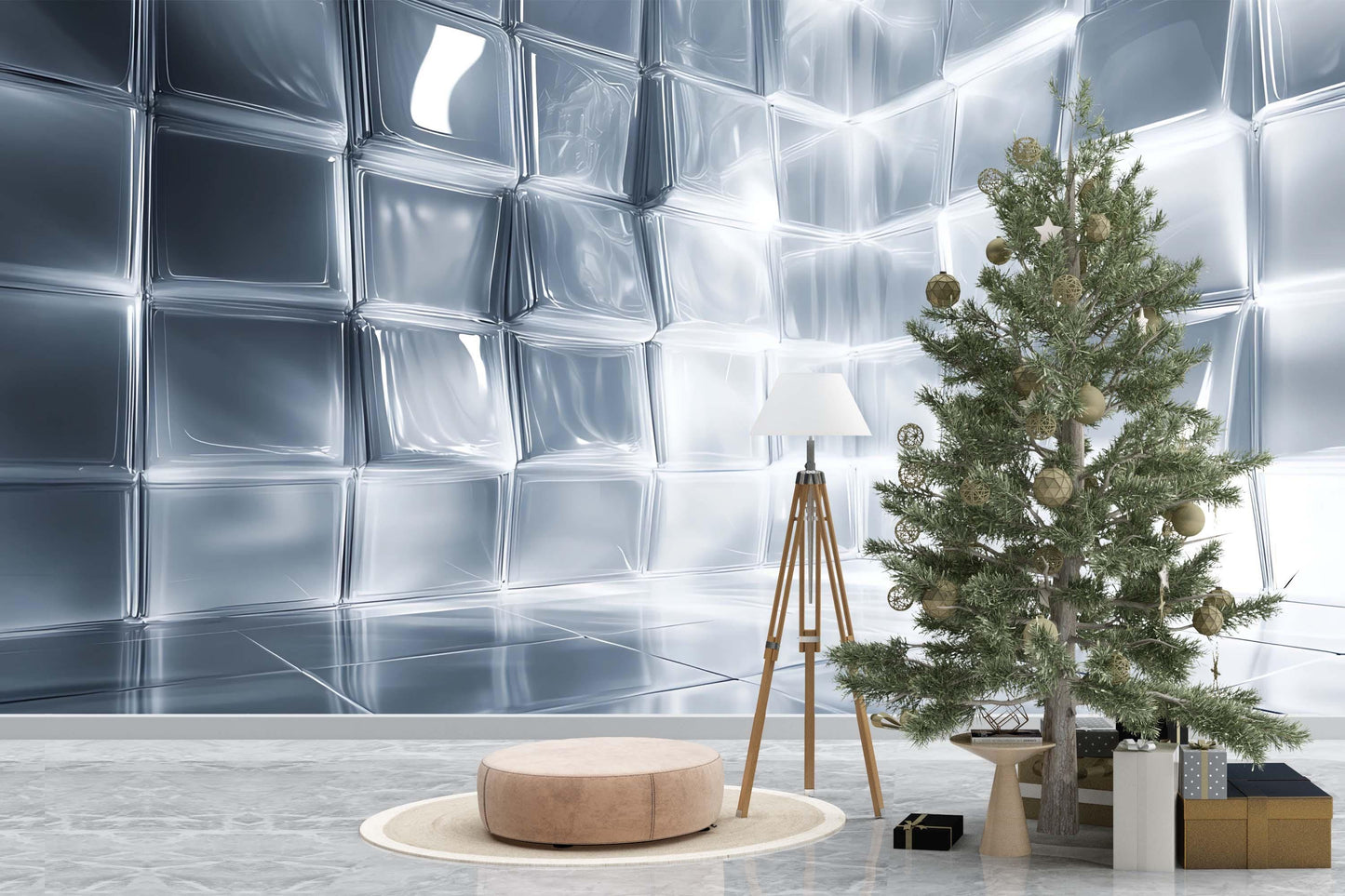 Modern 3D Silver Cube Wall Mural – Abstract Metallic Geometric Wallpaper for Living Room, Office, or Studio Decor  Vn749