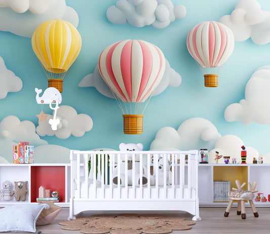 Hot Air Balloon Nursery Wall Mural – Whimsical Cloud & Sky Wallpaper for Kids Room, Playroom Decor, Gender Neutral Baby Room Art Vn374