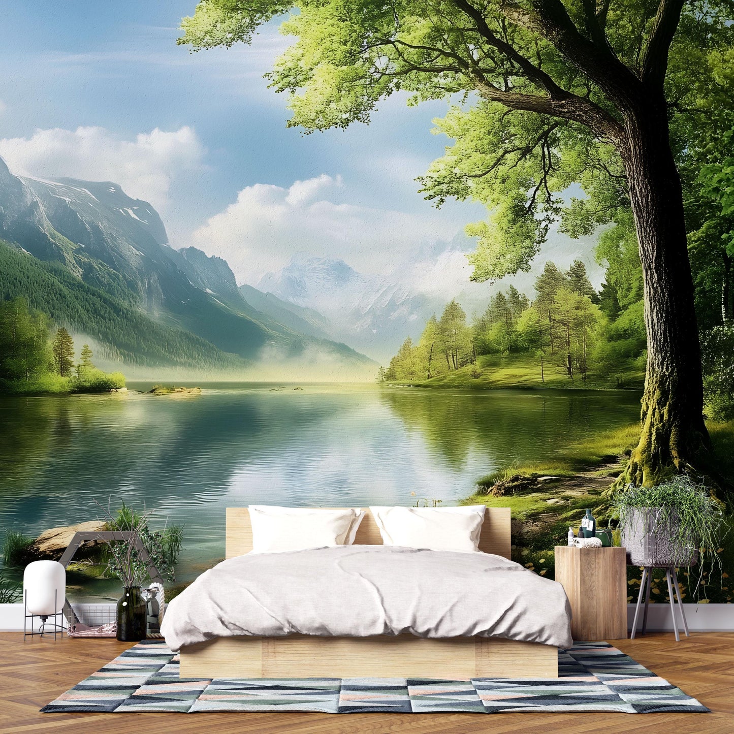 Mountain Lake Wall Mural – Scenic Nature Forest Landscape Wallpaper Vn824