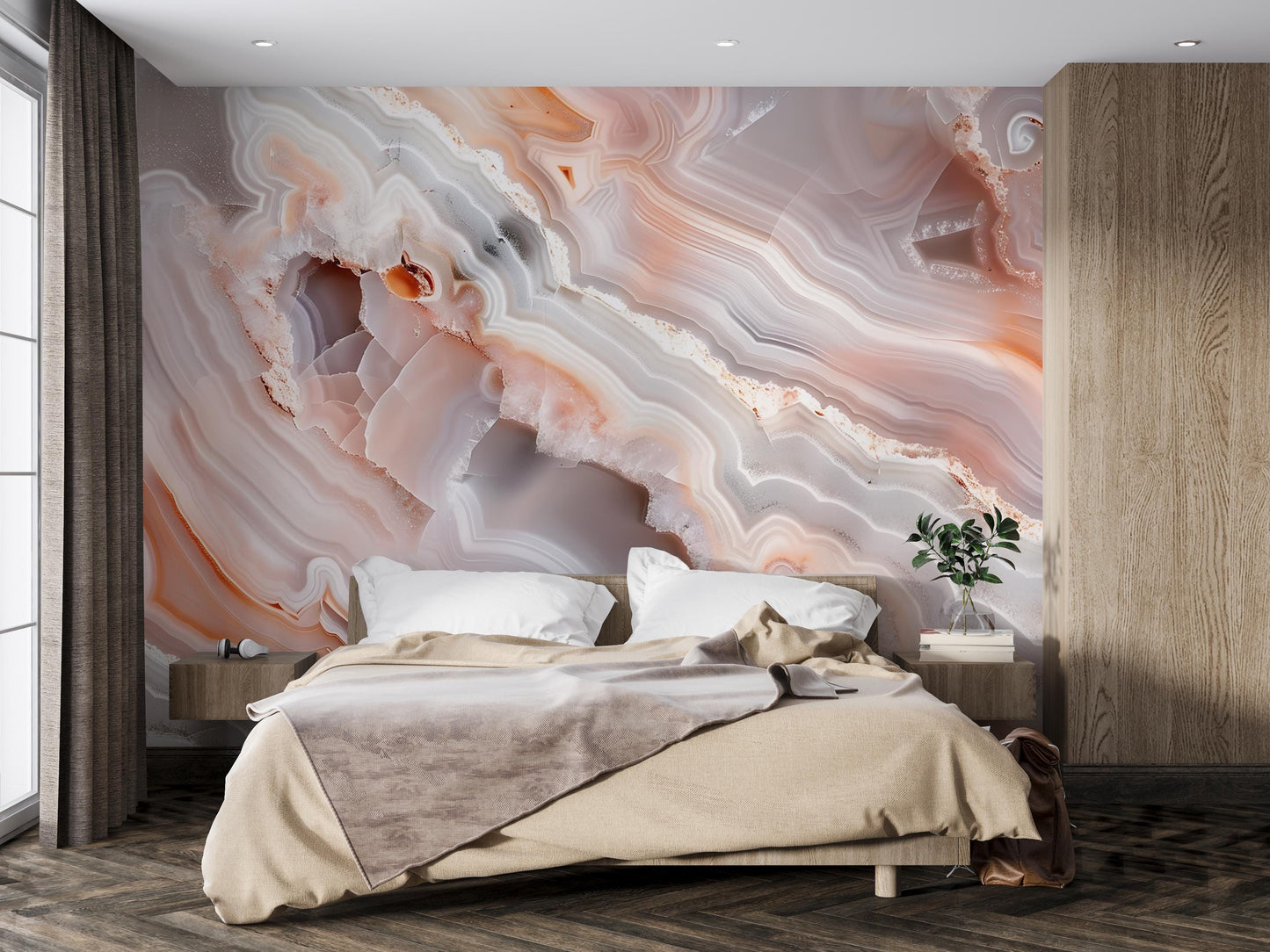 Peach Agate Wall Mural – Crystal Stone Pattern Wallpaper in Grey & Coral Tones Vn1091