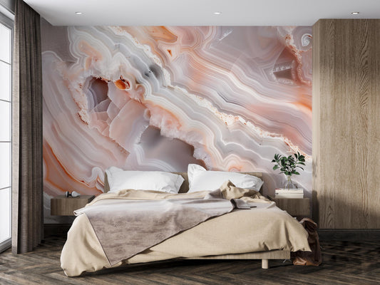 Peach Agate Wall Mural – Crystal Stone Pattern Wallpaper in Grey & Coral Tones Vn1091