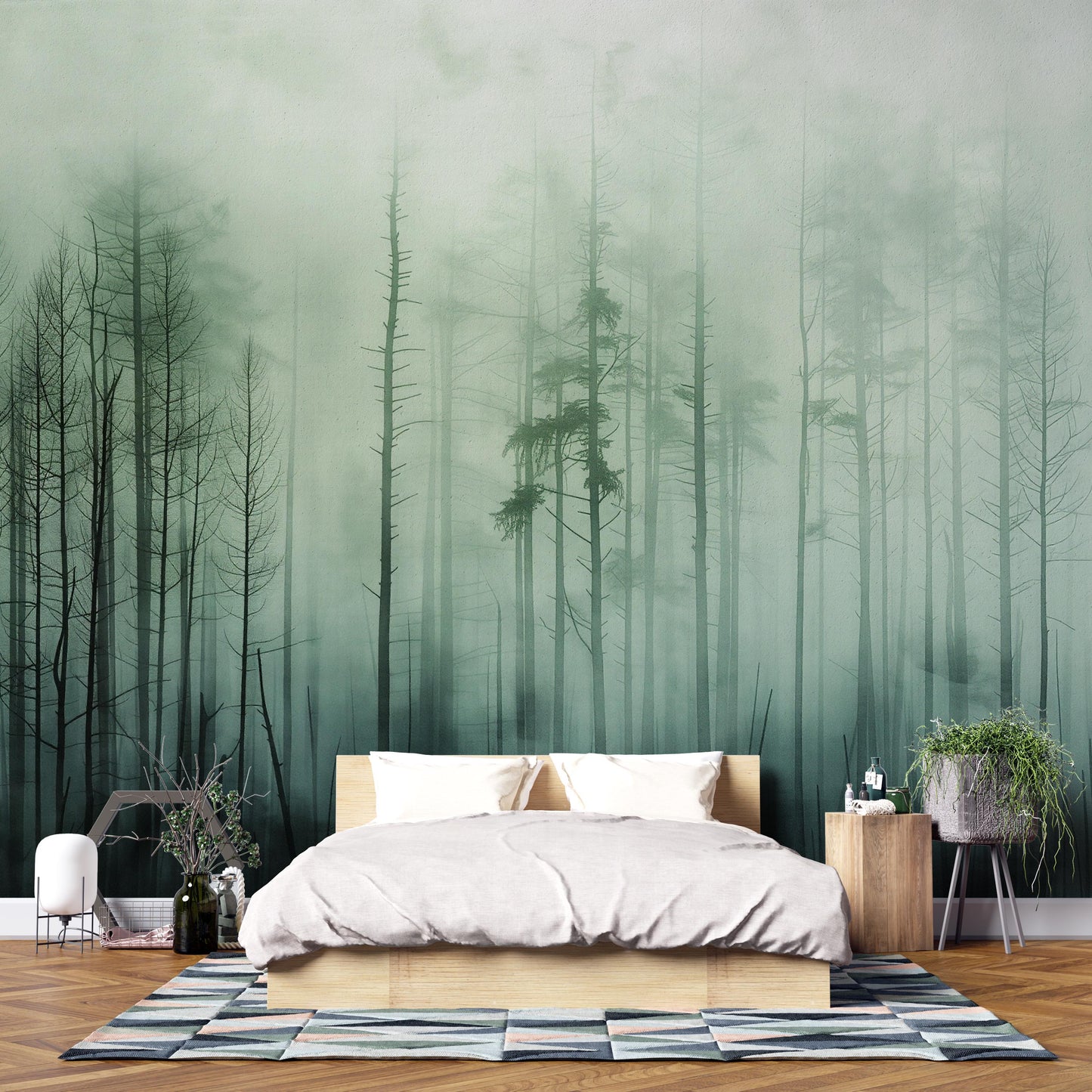 Misty Pine Forest Wall Mural – Foggy Woodland Wallpaper, Nature Landscape Accent Wall Decor for Bedroom or Living Room Vn1072