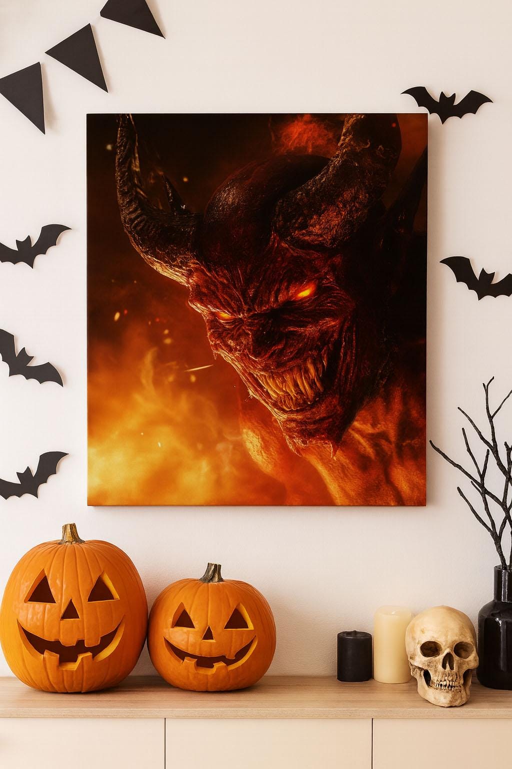 Demon Wall Mural – Fiery Hell Beast Horror Room Decor  Vn810