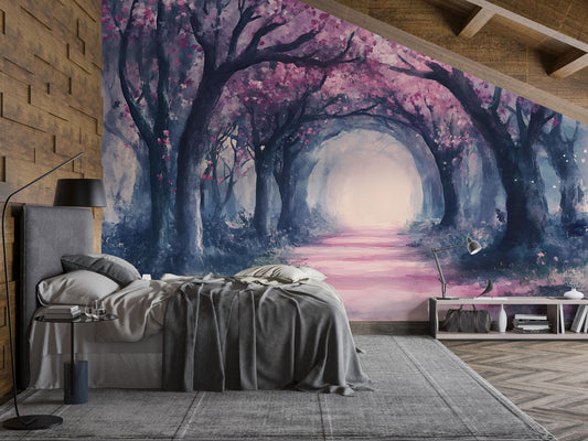 Enchanted Cherry Blossom Forest Wall Mural – Dreamy Tree Tunnel Wallpaper for Bedroom & Living Room Vn763