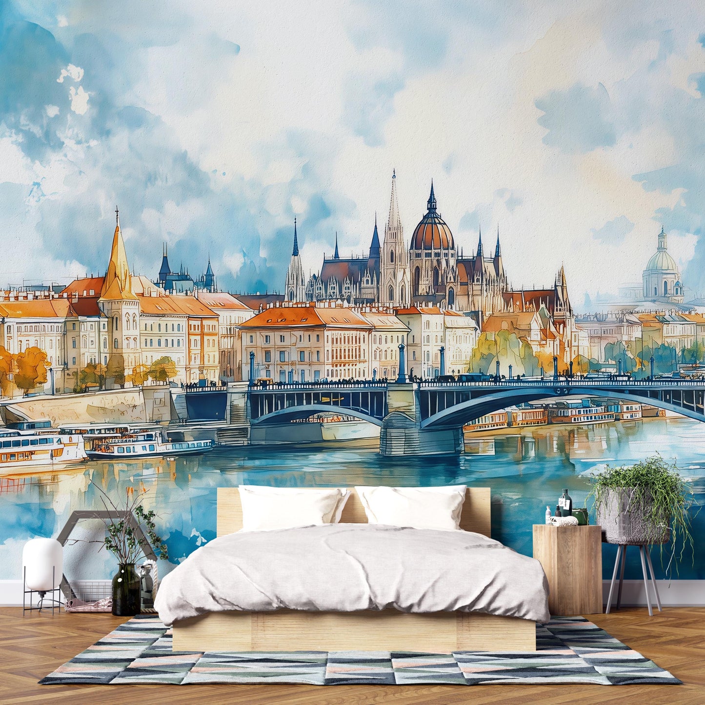 Budapest Parliament Wall Mural – Hungary Watercolor Cityscape Wallpaper Vn937