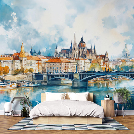 Budapest Parliament Wall Mural – Hungary Watercolor Cityscape Wallpaper Vn937