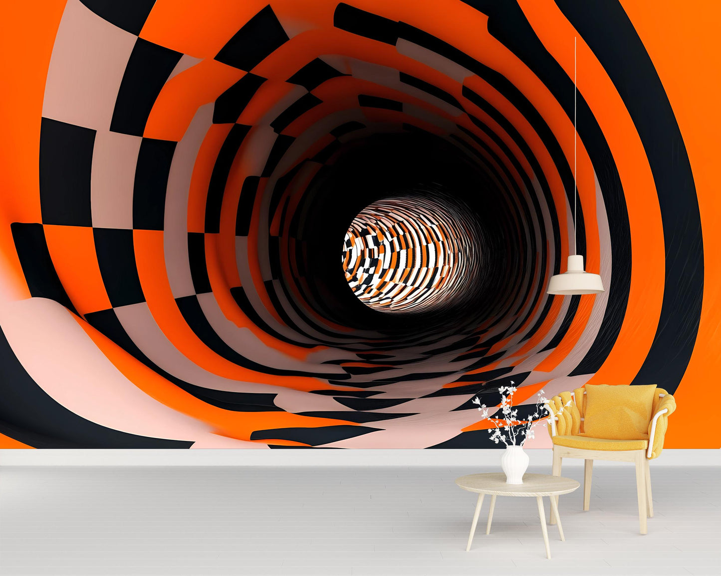3D Tunnel Wall Mural – Optical Illusion Checkered Abstract Wallpaper Vn900