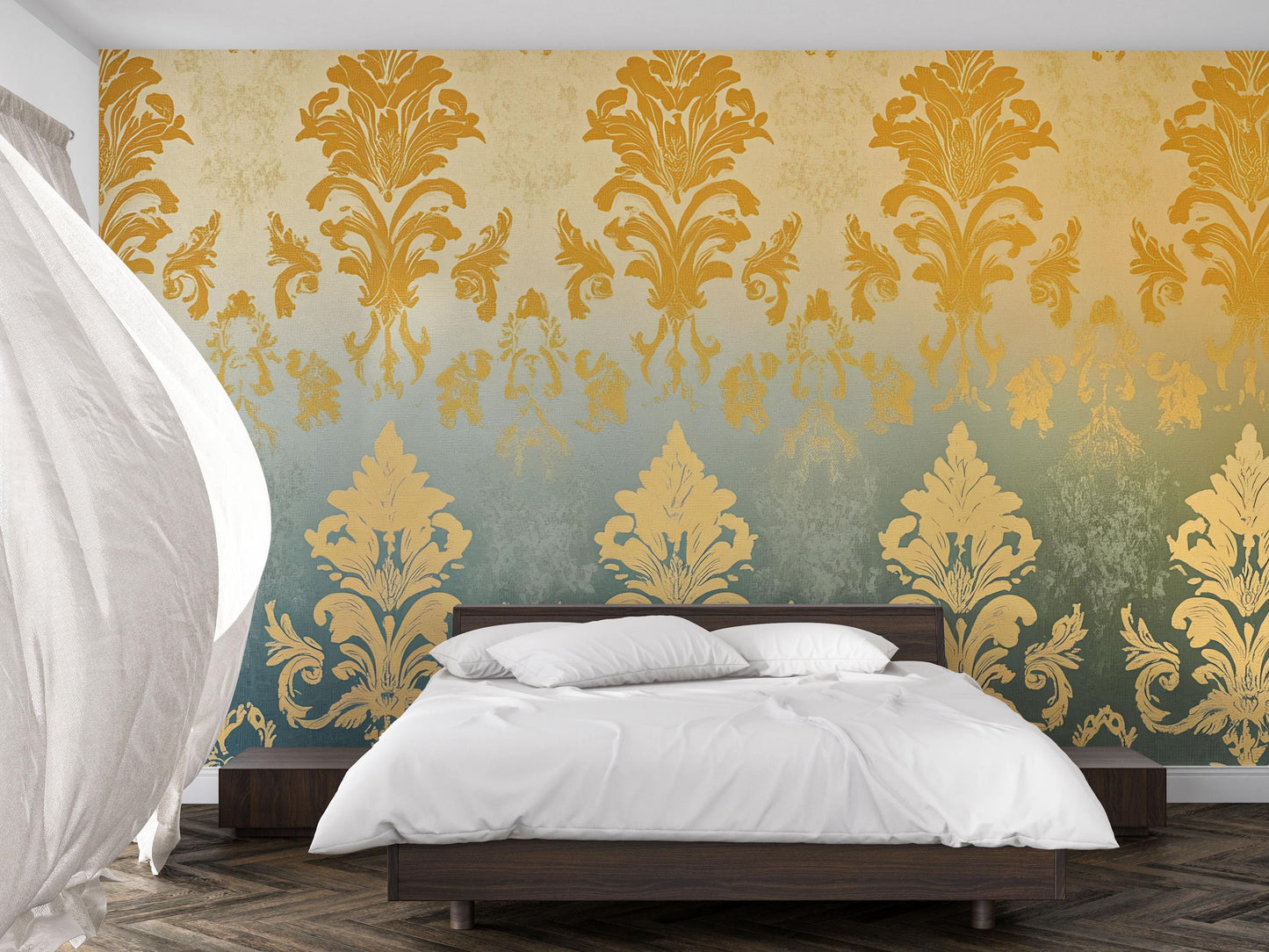 Luxury Damask Wallpaper – Gold & Sage Gradient Wall Mural for Elegant Bedroom Décor Vn633