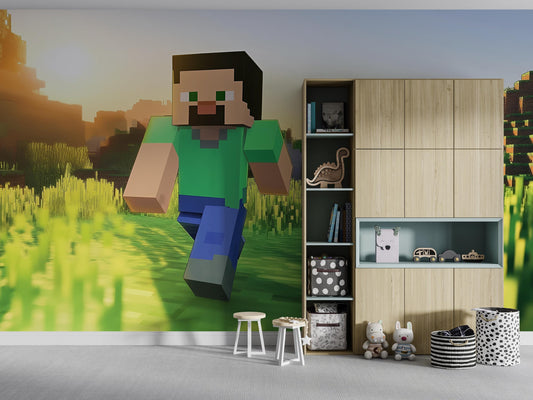 Minecraft Wall Mural for Kids Room – Steve Running Scene Wallpaper – Gamer Bedroom Decor – 3D Video Game Wall Art Vn281