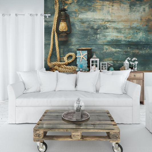 Rustic Nautical Wall Mural | Coastal Rope Lantern Backdrop | Beach House Decor | Ocean Cottage Wall Art | Vintage Marine Background Vn069
