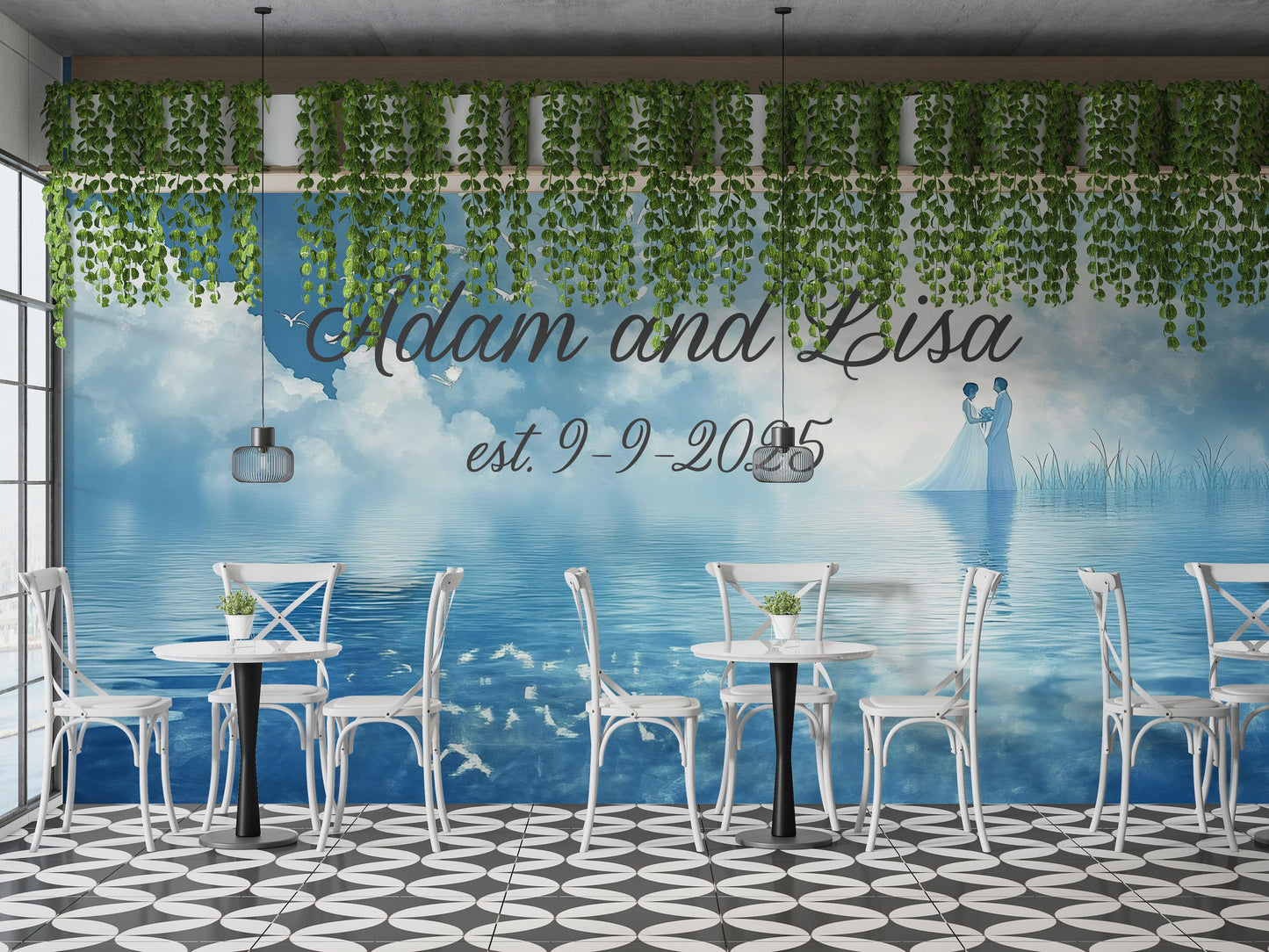 Custom Romantic Wall Mural - Personalized Couple Names & Date - Wedding Anniversary Gift - Est. Date Wall Art - Water Couple Scene Vn514