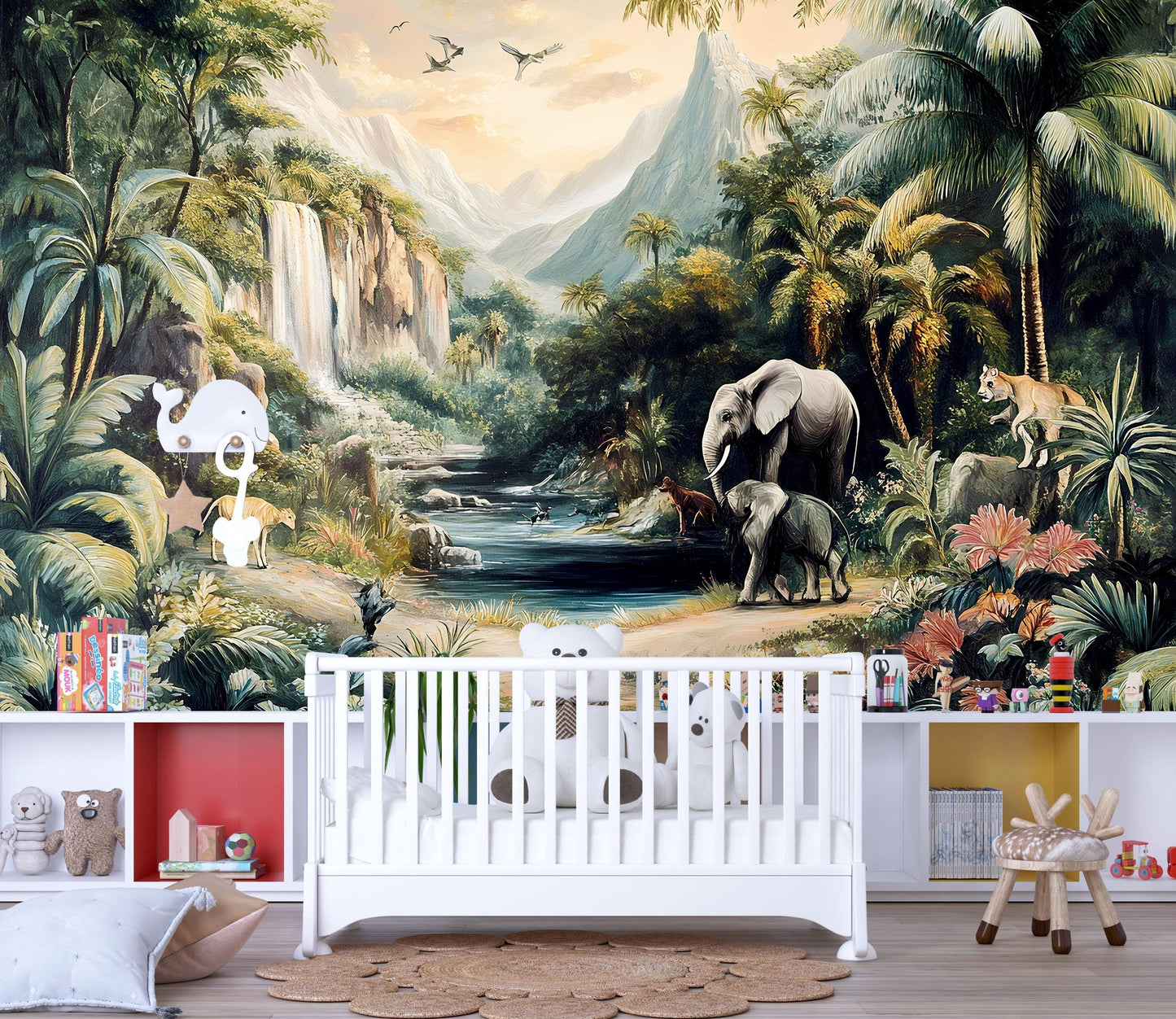 Safari Waterfall Jungle Wall Mural – Wildlife Animal Nursery Adventure Wallpaper Vn834