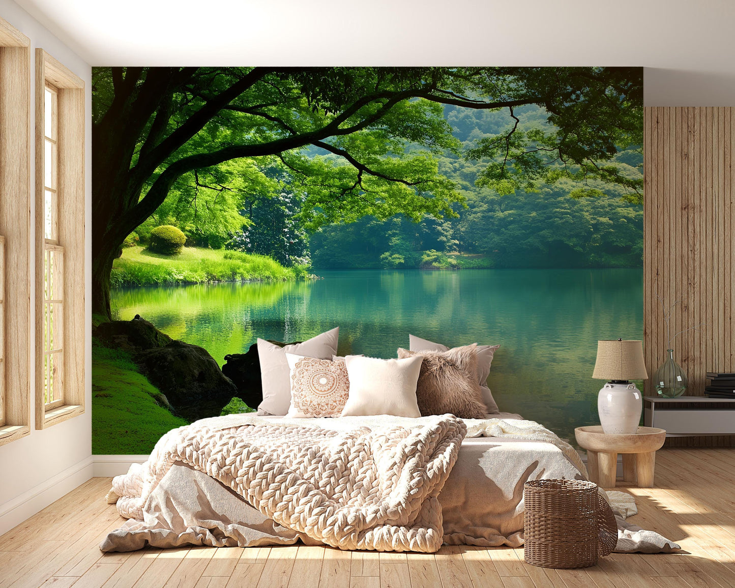 Tranquil Forest Lake Wall Mural – Nature Scenic Wallpaper for Bedroom or Living Room Décor Vn684