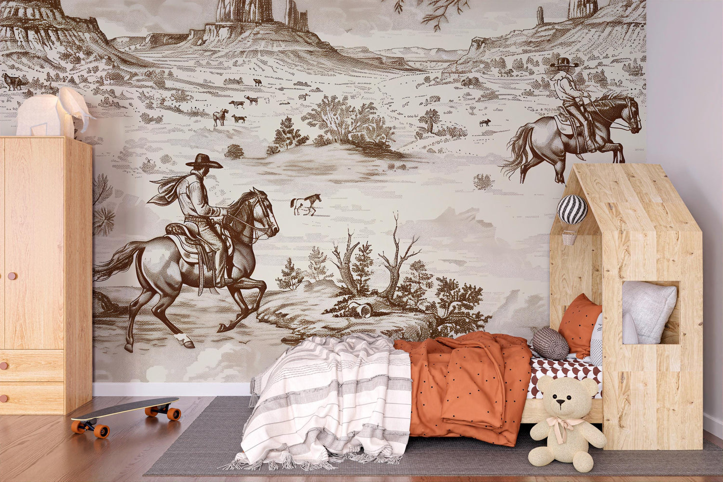 Western Cowboy Horse Wall Mural | Rustic Western Wallpaper | Kids Cowboy Room Decor Vn1029